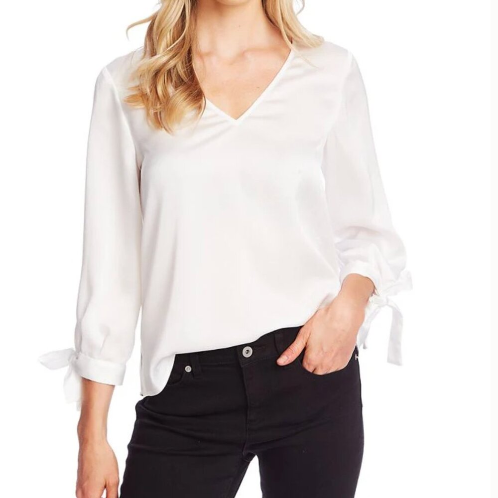 NWT - CeCe White Tie Sleeve V Neck - Size L